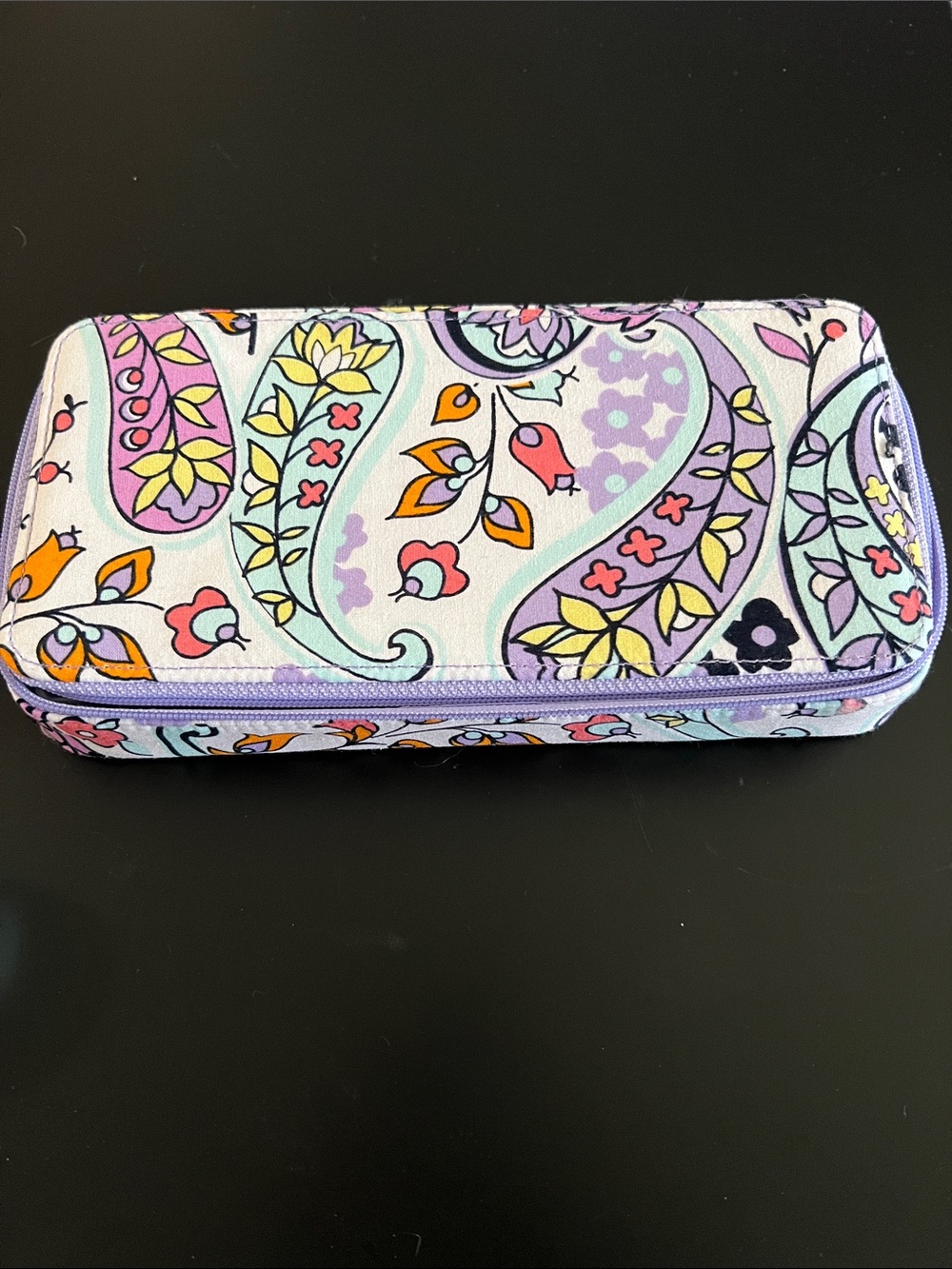 Vera Bradley White Paisley Floral 28 day pillbox with Purple Accents